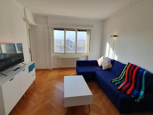 洛桑Appartement élégant & ensoleillé的客厅配有蓝色的沙发和电视