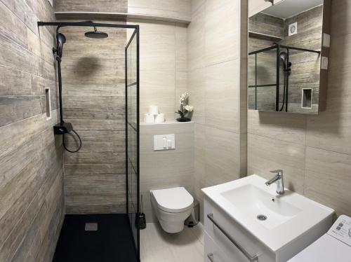 诺瓦利娅Apartment Karlo的浴室配有卫生间、盥洗盆和淋浴。
