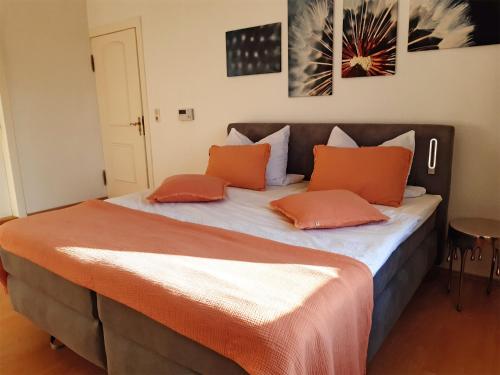 马尔肖Ferienwohnung Malchow SEE 8791的一间卧室配有带橙色枕头的床