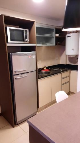 孙查莱斯MODERNO MONOAMBIENTE CALIDAD SUPERIOR的厨房配有冰箱和微波炉。