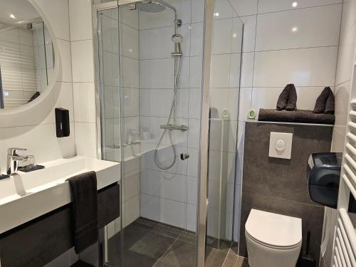 弗利辛恩索尔斯金餐厅酒店的带淋浴、卫生间和盥洗盆的浴室