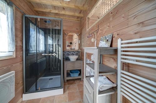 圣吉隆Maisonnette à la campagne Ariège的带淋浴和盥洗盆的浴室
