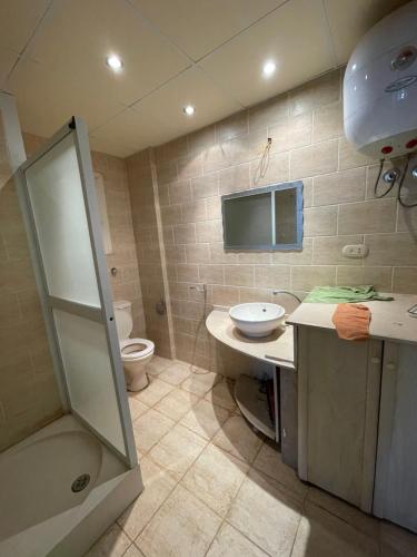 赫尔格达شقه بالغردقه的一间带卫生间、水槽和镜子的浴室