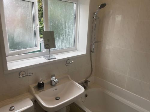 伯明翰4 Bed Comfy House in Birmingham的一间带水槽和浴缸的浴室以及窗户。