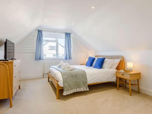 布德3 Bed in Bude 87256的一间卧室配有一张带蓝色枕头的床和一扇窗户。