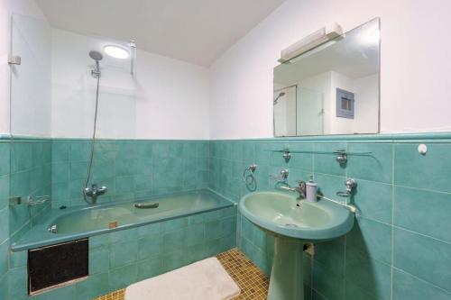 马拉喀什Moroccan typical flat, Hivernage的浴室配有盥洗盆、镜子和浴缸