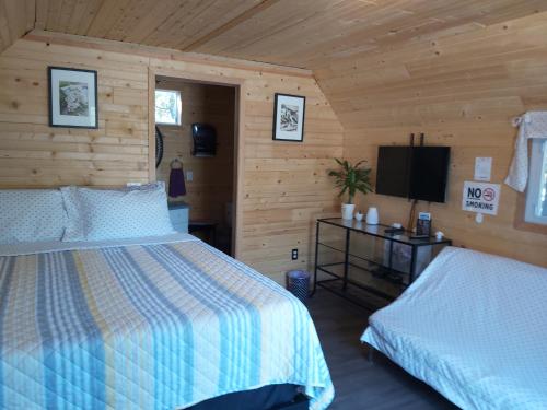 布卢里弗蓝河小屋及露营地的一间卧室配有一张床和一台电视。