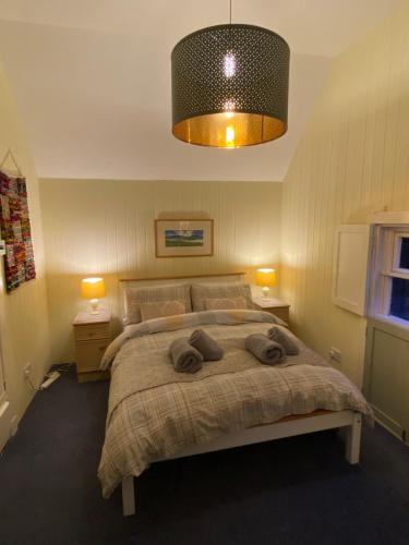 皮特洛赫里Cobbler's Cottage at Kindrochet, Strathtay的一间卧室配有一张带2个床头柜和2盏灯的床。