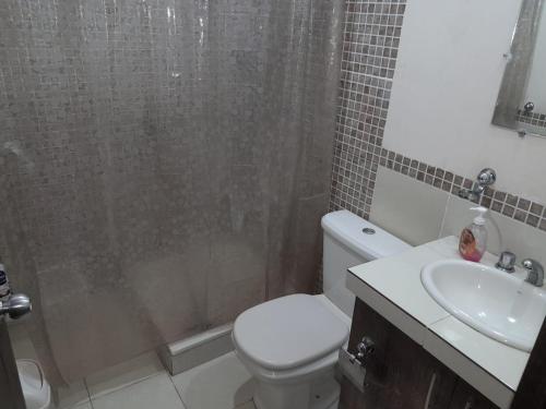 科恰班巴DEPARTAMENTO COMODO DUPLEX Zona Norte的带淋浴、卫生间和盥洗盆的浴室