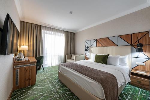 博罗沃耶Wyndham Garden Burabay的酒店客房设有一张大床和一台电视。