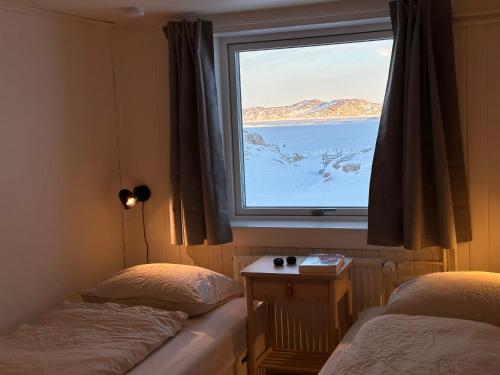 伊卢利萨特Grand seaview house Ilulissat的带大窗户的客房内的两张床