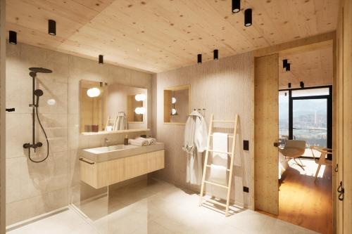 塞格PANORAMA Allgäu Spa Resort的一间带水槽、淋浴和镜子的浴室