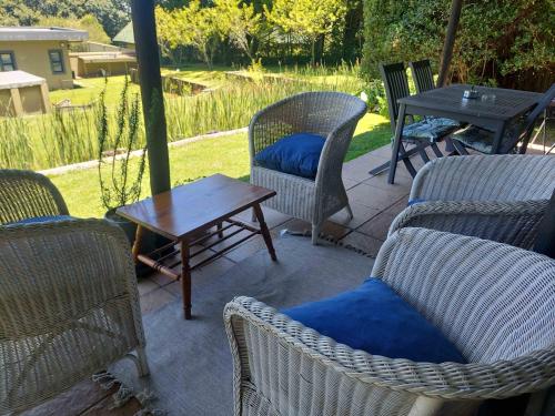 安德伯格9 Stoney Way Cottage的庭院设有藤椅和带蓝色枕头的桌子。
