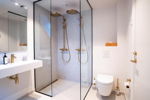 米泽尔法特西克斯图斯希纳托会议酒店的带淋浴、卫生间和盥洗盆的浴室