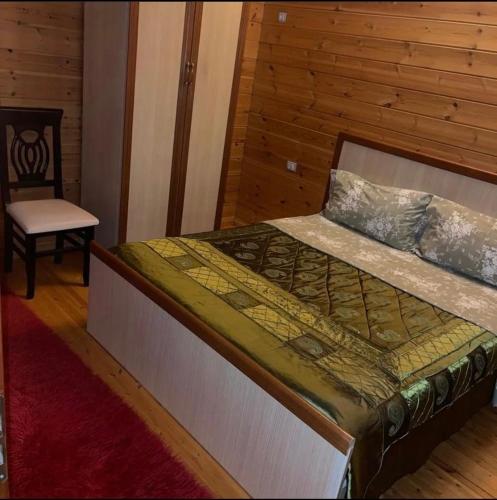 ShalëLlogara Chalet的一间卧室配有一张带椅子和桌子的床