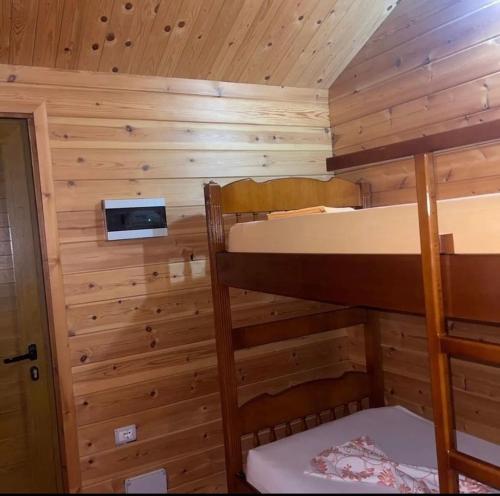 ShalëLlogara Chalet的小屋内设有一间带两张双层床的卧室