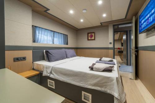 费特希耶Explorer Yacht的带电视的小客房内的一张大床