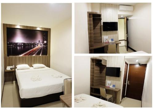 Sintanghotel my home的一张床位和一台电视机的房间的三张照片