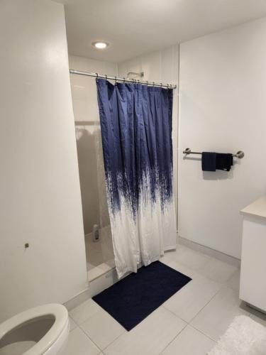 迈阿密Wonderful 1 bedroom condo in Midtown.的一间带蓝色淋浴帘的淋浴的浴室