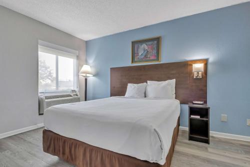 默特尔比奇Baymont by Wyndham North Myrtle Beach的一间卧室配有一张大床和一张白色的大床罩