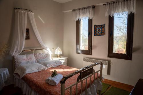 加里维亚-菲拉克迪斯Margarita's House的一间卧室配有一张带天蓬的床和两个窗户。