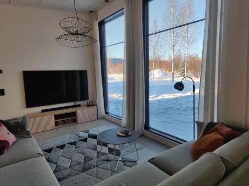 罗瓦涅米Villa Pajunkissa的带沙发和大窗户的客厅