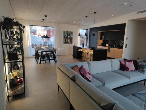 罗瓦涅米Villa Pajunkissa的一间带蓝色沙发的客厅和一间厨房