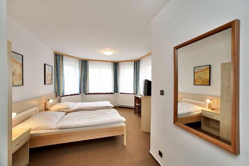 捷克克鲁姆洛夫HOTEL RAJSKY的一间卧室配有一张床和一面大镜子