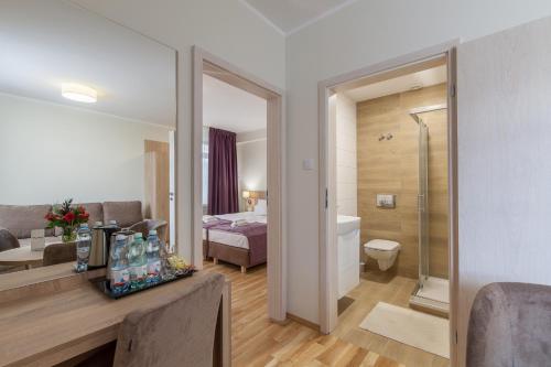 克雷尼察Silesia Krynica的酒店客房设有浴室和卧室