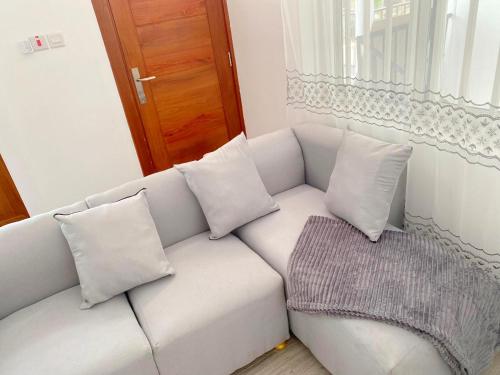 达累斯萨拉姆LuckySmallie 1-Bed Apartment in Goba Dar es Salaam的客房内的白色沙发,配有四个枕头
