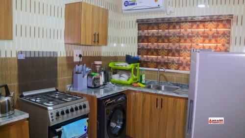 拉各斯Richard Magodo Apartment的厨房配有炉灶和洗衣机。