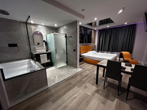 阿尔卡拉德荷那利斯祖克酒店的带淋浴、盥洗盆和浴缸的浴室