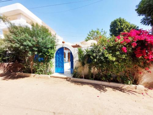 卢克索Villa Cleopatra Luxor west bank的蓝色门和鲜花的小房子
