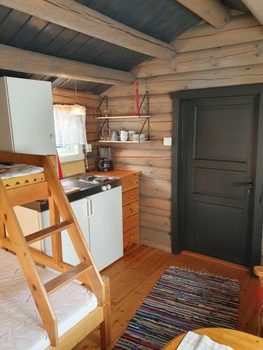 MysusæterBjørgebu Camping AS的小屋内的厨房,设有梯子和门