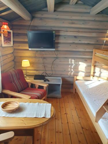 MysusæterBjørgebu Camping AS的客厅配有电视、沙发和桌子
