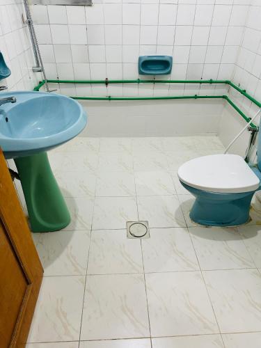 沙迦Room for rent的浴室配有蓝色水槽和卫生间。