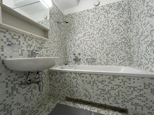 卢加诺Switzerland Apartment Lugano central location的浴室配有盥洗盆和浴缸。