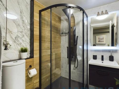 布杰斯希尔Spacious open planned 1 bedroom apartment的带淋浴、卫生间和盥洗盆的浴室