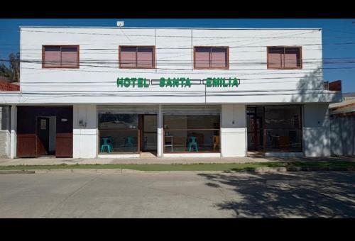 SalamancaHotel Santa Emilia Salamanca的白色的建筑,旁边是绿色的书写