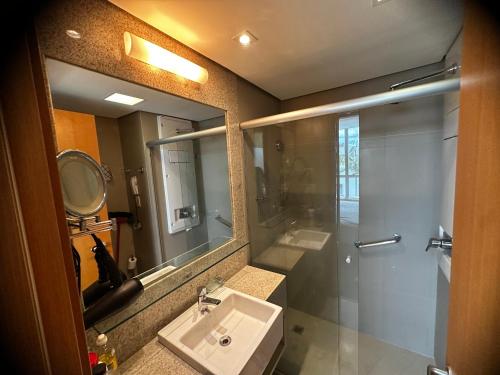 巴西利亚Flat no Jade的一间带水槽、淋浴和镜子的浴室