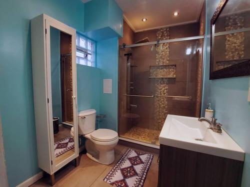 尼亚加拉瀑布Modern Getaway, Single Bedroom Full Apartment的浴室配有卫生间、淋浴和盥洗盆。