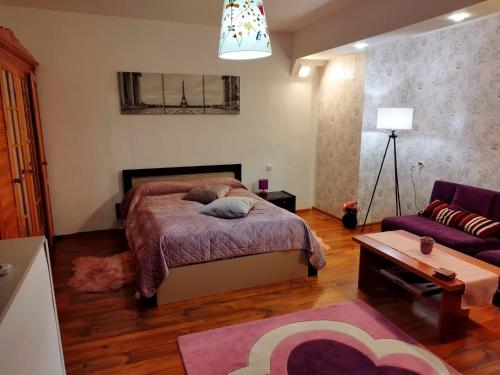 GhimbavMilu Residence 2的一间卧室配有一张床和一张紫色沙发