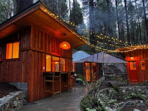 内华达城Magical Yurt in the woods - 2 miles from town的木质小屋,配有圣诞灯
