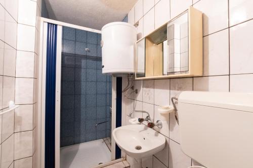 马夫罗沃Mountain Lodge - Mavrovo的一间带卫生间和水槽的小浴室