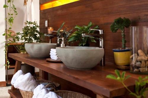 Kampot Trip的木桌上两个水槽,上面有植物
