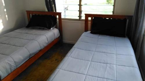 阿洛菲Kaina Kaute的两张床位于一个房间窗户旁