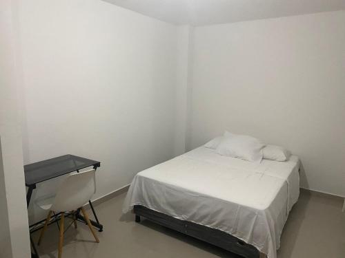 巴耶杜帕尔HOTEL IBIZA的白色的小房间,配有床和书桌