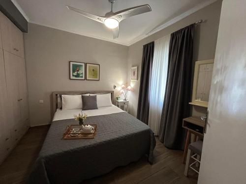 扎金索斯镇Karydakis Properties的一间酒店客房,配有一张带托盘的床