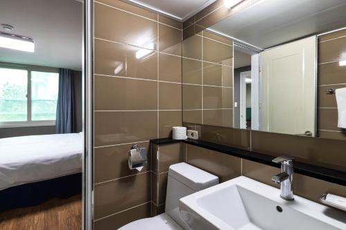 济州市济州韩林姆肯辛顿度假酒店的一间带卫生间、水槽和镜子的浴室