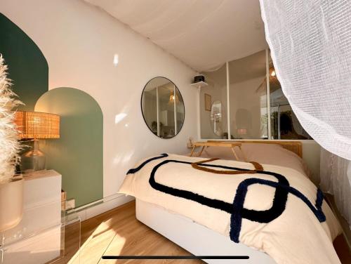阿格德角Super Mini Loft avec Cinéma et Jardin - Cap d'Agde的一间卧室配有一张床和两面镜子